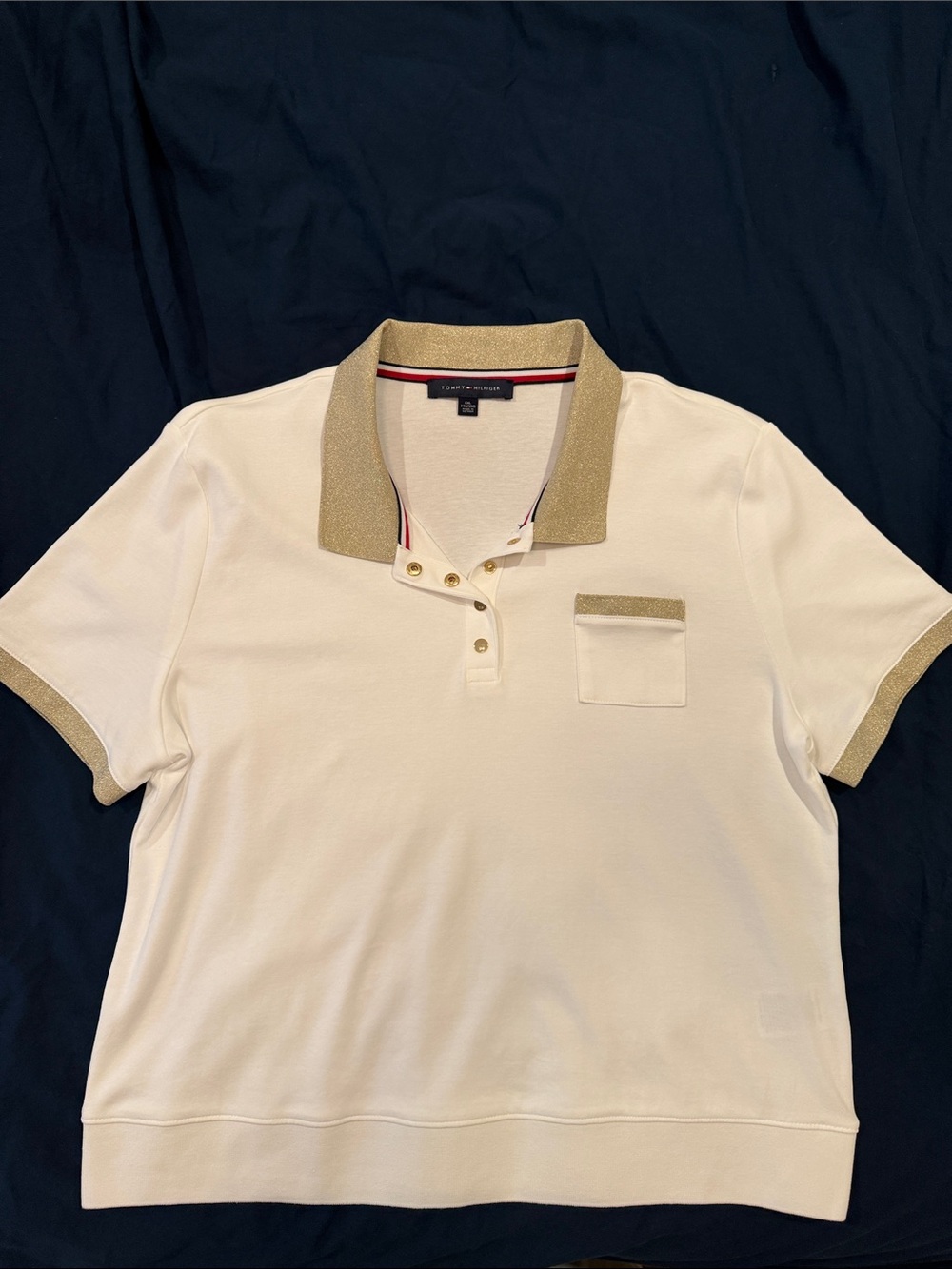Tommy Hilfiger Cream Polo with Gold-Trim Collar & Pocket